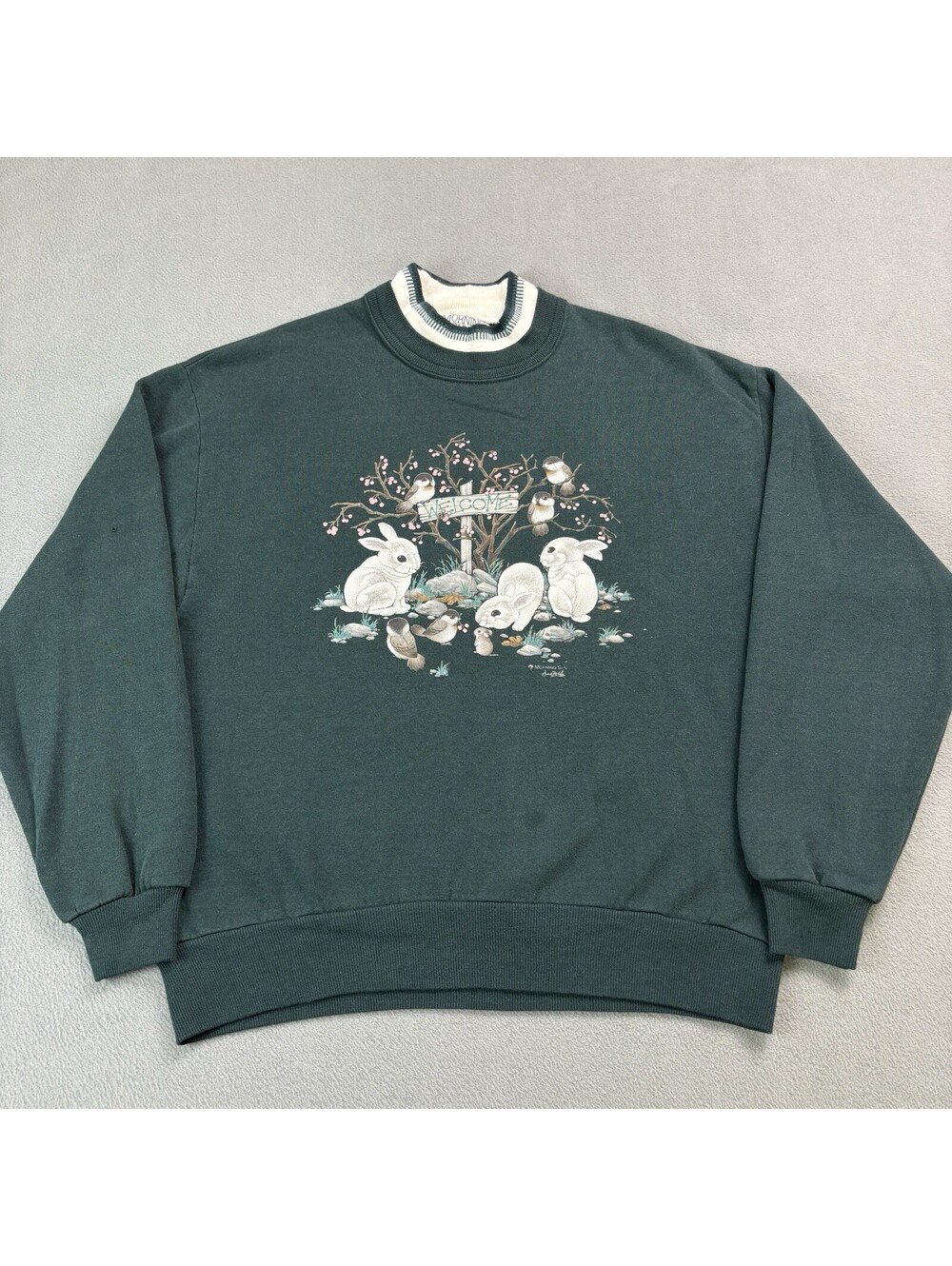 Vintage 90s Morning Sun Bunny Bird Crewneck Sweatshirt Womens Size Medium Green
